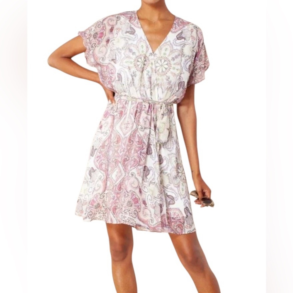 Hale Bob Catena Georgette Pink & White Paisley Faux Wrap Mini Dress Size XS